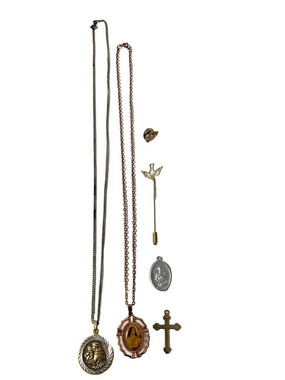Vintage Religious Jewelry Lot Necklaces Medals Cross Angel Pin Catholic Mixed Lo